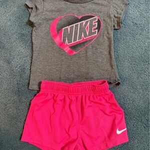 Kids 2-3T Nike Gray Tee with Neon Pink Logo and Matching Neon Pink Shorts